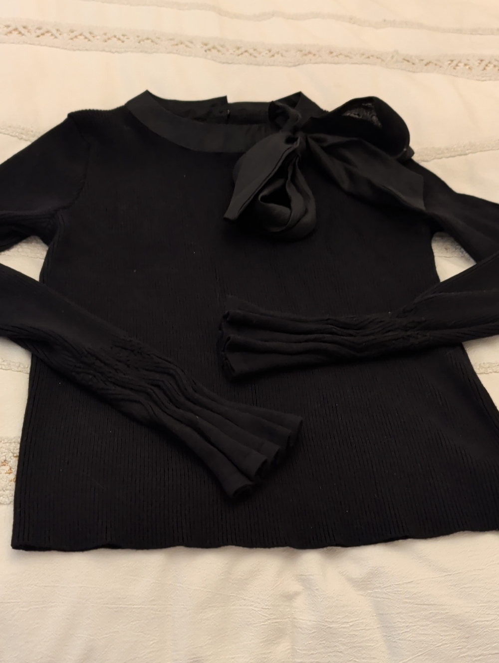 Chicwish Black Ribbed Long-Sleeve Top with Neck Tie